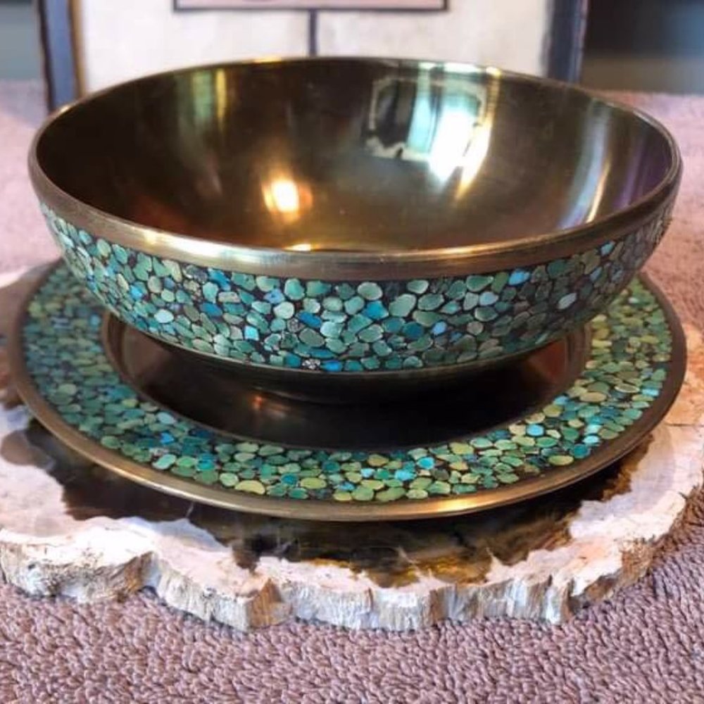 Brass and Malachite bowl and under plate - as is - Picture 1 of 5